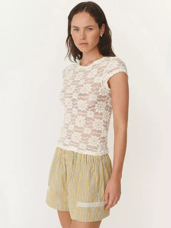 T-shirt à manches courtes noir à bretelles en dentelle et col montant pour femme - T-shirt d'été