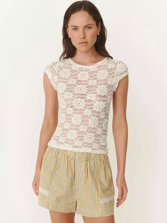 T-shirt à manches courtes noir à bretelles en dentelle et col montant pour femme - T-shirt d'été