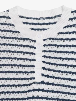 T-shirt à manches courtes rayures bleu marine foncé boutons col rond
