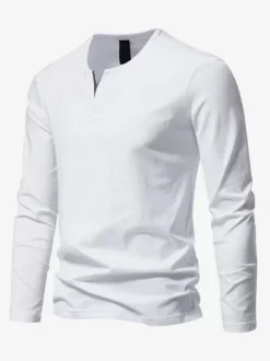 T-Shirt À Manches Longues Col En V En Coton Homme Haut Décontracté Confortable