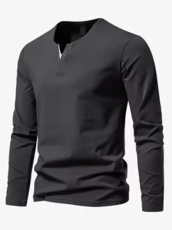 T-Shirt À Manches Longues Col En V En Coton Homme Haut Décontracté Confortable