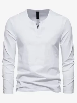 T-Shirt À Manches Longues Col En V En Coton Homme Haut Décontracté Confortable