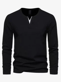 T-Shirt À Manches Longues Col En V En Coton Homme Haut Décontracté Confortable