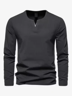 T-Shirt À Manches Longues Col En V En Coton Homme Haut Décontracté Confortable