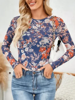 T-shirt à manches longues imprimé léopard floral col rond pour femme