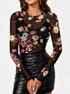 T-shirt à manches longues imprimé léopard floral col rond pour femme
