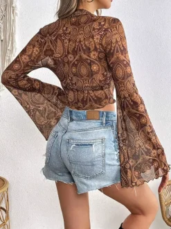 T-shirt à manches longues marron à imprimé floral et col montant en polyester pour femme