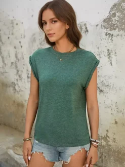 T-shirt à épaules tombantes en vert pour femme - Haut d'été 2026