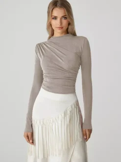 T-shirt basique pour femme à manches longues plissé à demi-col roulé Slim Fit Printemps Tops 2026