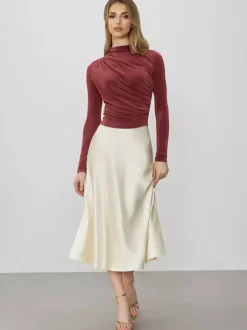 T-shirt basique pour femme à manches longues plissé à demi-col roulé Slim Fit Printemps Tops 2026