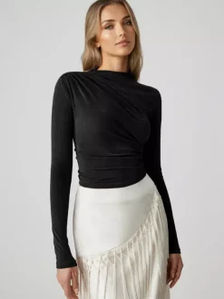 T-shirt basique pour femme à manches longues plissé à demi-col roulé Slim Fit Printemps Tops 2026