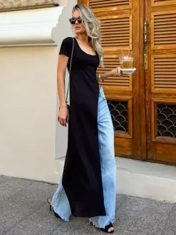 T-shirt noir à manches courtes et col en U pour femme
