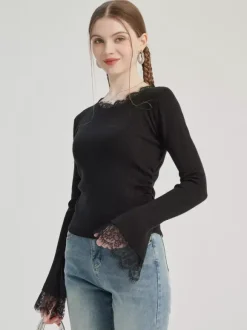 T-shirt basique noir avec décoration en dentelle col ras du cou haut de printemps pour femme 2026