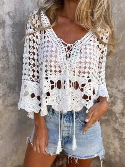 T-shirt bohème ajouré en crochet blouse blanche à col en V et lacets en dentelle