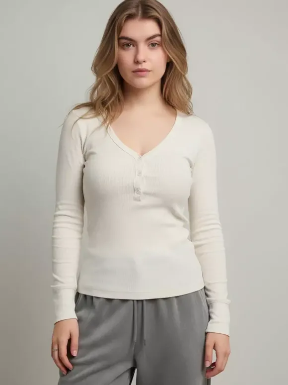 T-shirt Henley côtelé pour femme - Coupe ajustée col V manches longues boutonnage sur le devant - Idéal pour le printemps 2026
