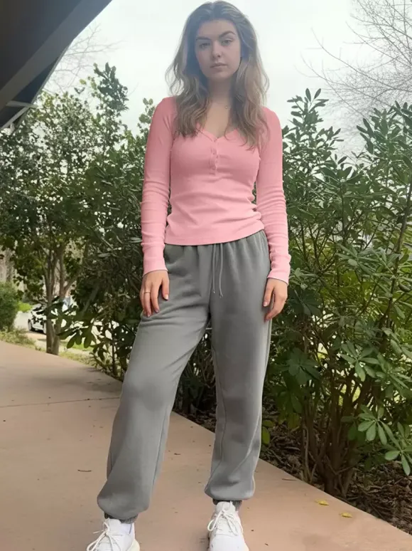 T-shirt Henley côtelé pour femme - Coupe ajustée col V manches longues boutonnage sur le devant - Idéal pour le printemps 2026