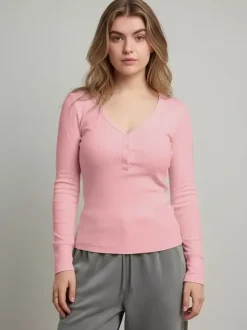 T-shirt Henley côtelé pour femme - Coupe ajustée col V manches longues boutonnage sur le devant - Idéal pour le printemps 2026