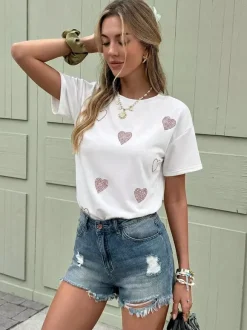 T-shirt à manches courtes blanc en viscose col rond pour femme été