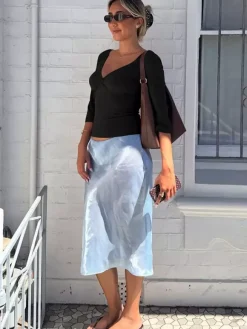 T-shirt à manches 3/4 et col en V bleu pour femme