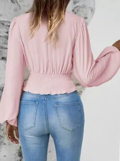 T-Shirt À Manches Longues Bouffantes Col En V Vert Foncé Pour Femme