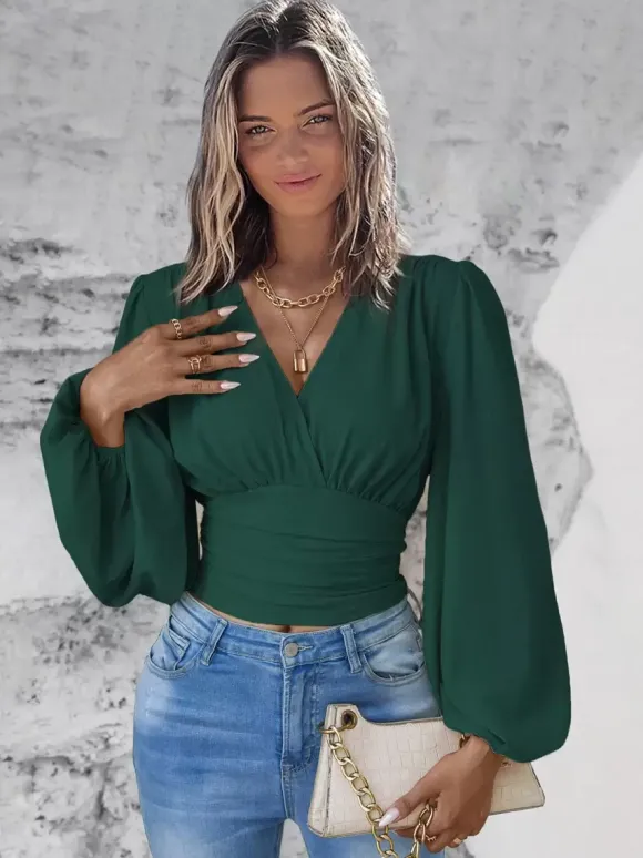 T-Shirt À Manches Longues Bouffantes Col En V Vert Foncé Pour Femme