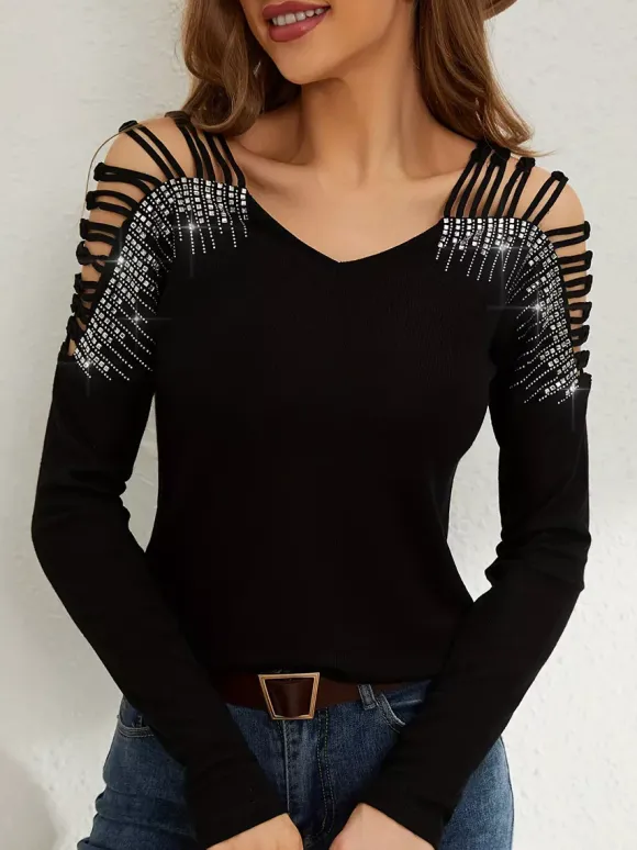 T-shirt à manches longues en coton noir avec strass et décolleté en V pour femme