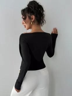 T-shirt à manches longues noir à col asymétrique en polyester pour femme