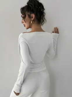 T-shirt à manches longues noir à col asymétrique en polyester pour femme