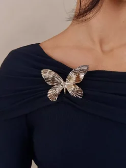 T-shirt à manches longues noir plissé à épaules dénudées pour femme