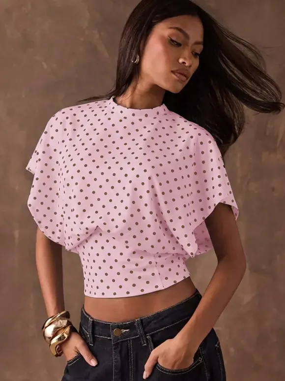 T-shirt à manches 3/4 rose à pois col rond pour femme