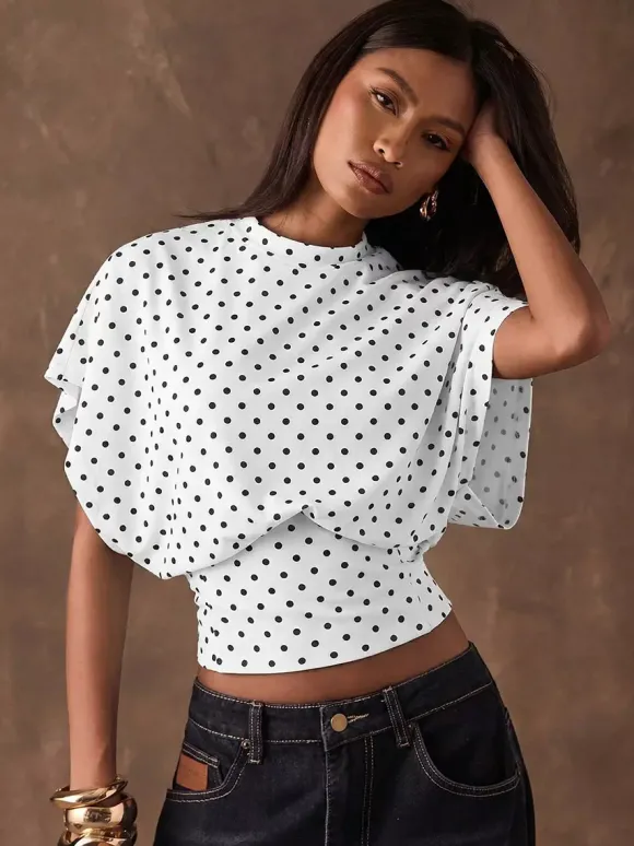 T-shirt à manches 3/4 rose à pois col rond pour femme