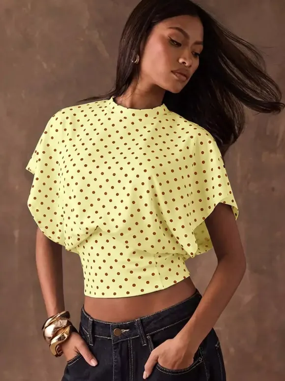 T-shirt à manches 3/4 rose à pois col rond pour femme