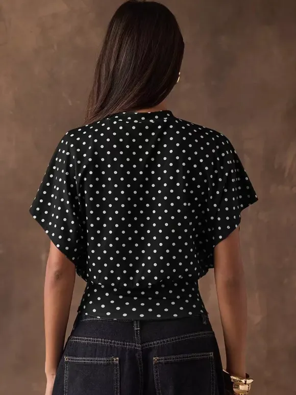 T-shirt à manches 3/4 rose à pois col rond pour femme