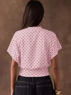 T-shirt à manches 3/4 rose à pois col rond pour femme