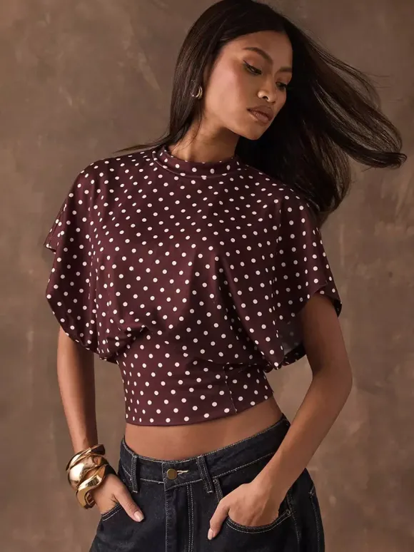 T-shirt à manches 3/4 rose à pois col rond pour femme