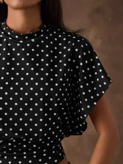 T-shirt à manches 3/4 rose à pois col rond pour femme