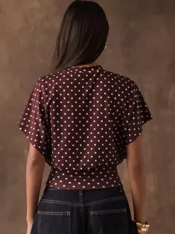 T-shirt à manches 3/4 rose à pois col rond pour femme