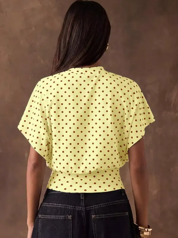 T-shirt à manches 3/4 rose à pois col rond pour femme