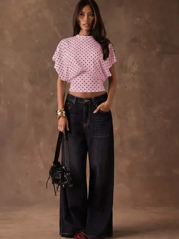 T-shirt à manches 3/4 rose à pois col rond pour femme