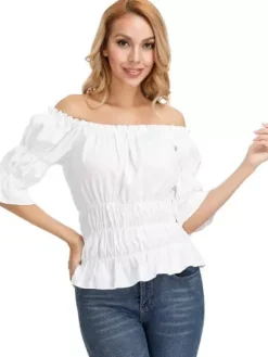 T-shirt noir à manches courtes plissé à épaules dénudées pour femme