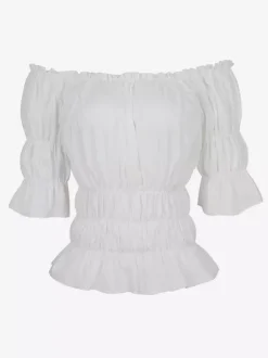 T-shirt noir à manches courtes plissé à épaules dénudées pour femme