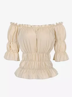 T-shirt noir à manches courtes plissé à épaules dénudées pour femme