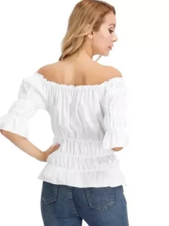 T-shirt noir à manches courtes plissé à épaules dénudées pour femme