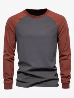 T-shirts pour hommes à col bijou et manches longues à blocs de couleurs