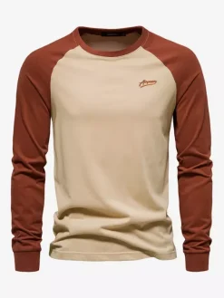 T-shirts pour hommes à col bijou et manches longues à blocs de couleurs