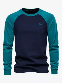 T-shirts pour hommes à col bijou et manches longues à blocs de couleurs