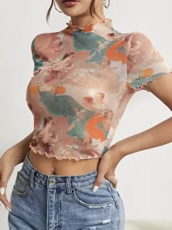 T-shirt slim à manches courtes et bordure en maille imprimée ange Cupidon pour femme 2026