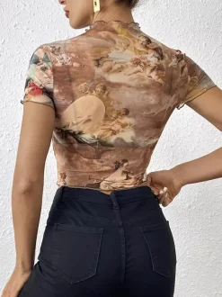 T-shirt slim à manches courtes et bordure en maille imprimée ange Cupidon pour femme 2026
