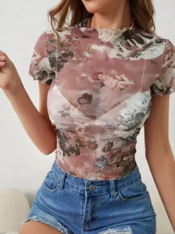 T-shirt slim à manches courtes et bordure en maille imprimée ange Cupidon pour femme 2026