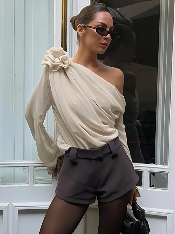 T-Shirts À Manches Longues Abricot Asymétriques Une Épaule Fleur Polyester Femmes